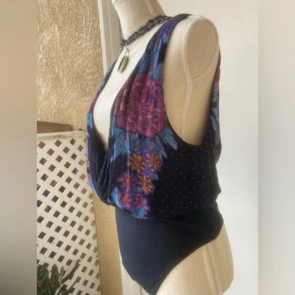 free people floral body suit deep v thong sz m - Picture 3 of 13